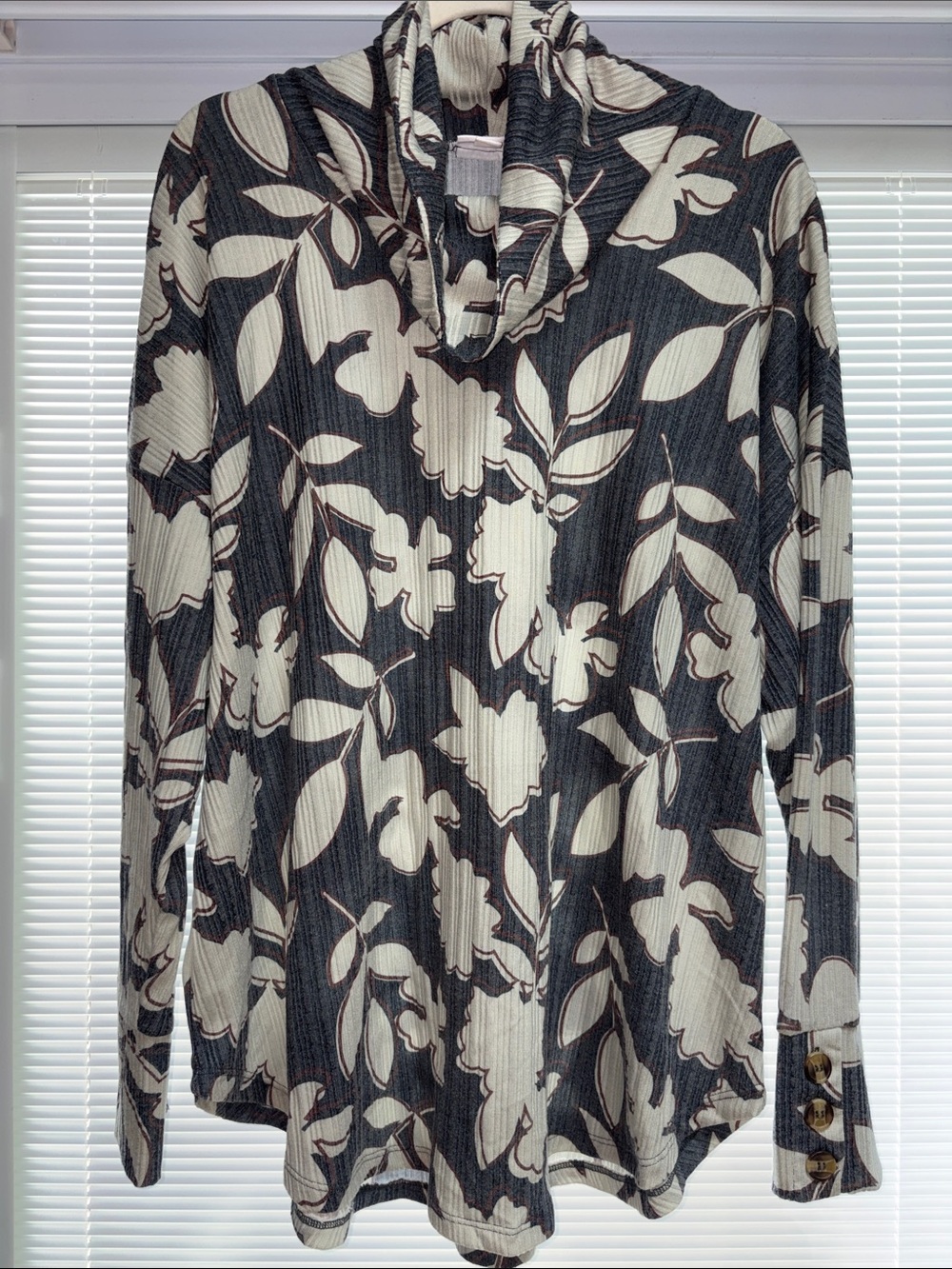 Floral Print Lightweight Cowl Neck Top - charcoal and Cream
